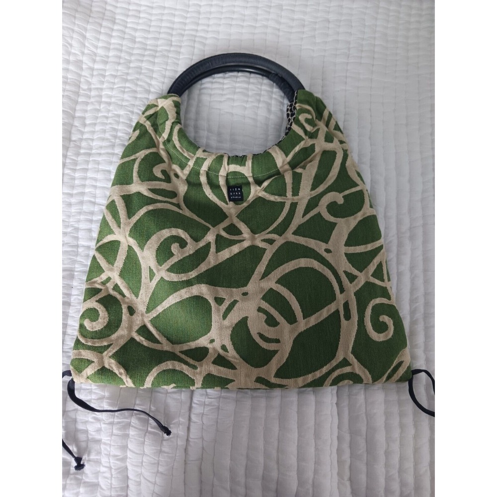 1154 LILL Studio Cloth Shoulder Tote‎ Bag Green And Cream,Black & White Interior